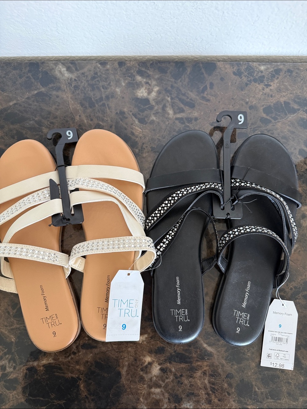 New! Time and Tru Women’s Core Memory Foam Strappy Sandals, Two Pairs, Size 9